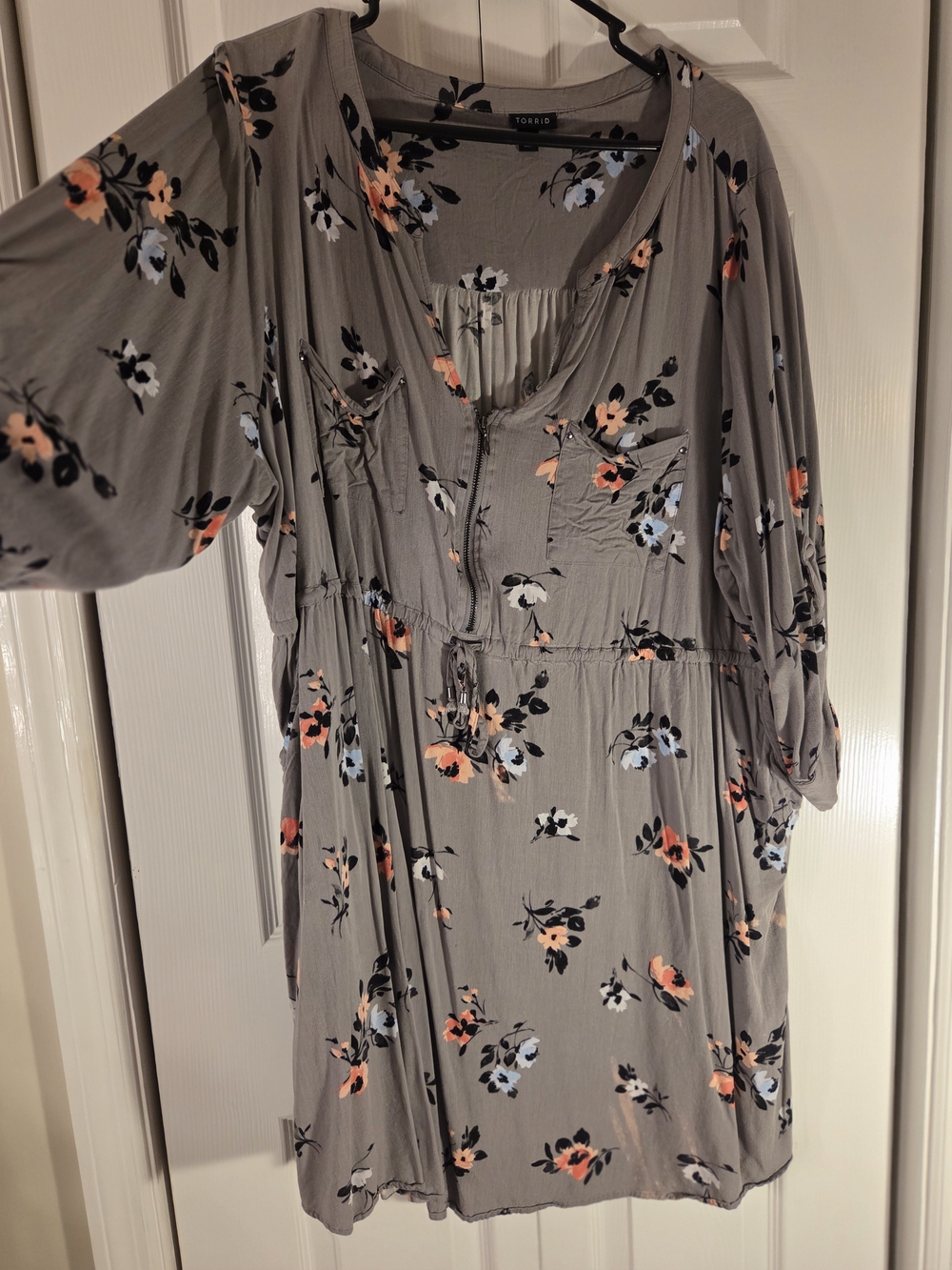 torrid Gray Floral Tie-Front Midi Dress with Peach & Light Blue Accents